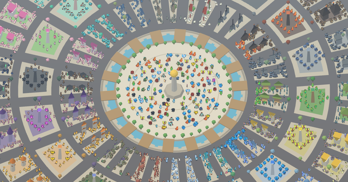 Gitemon City: a round plaza full of pixel creatures, ringed by districts of small houses